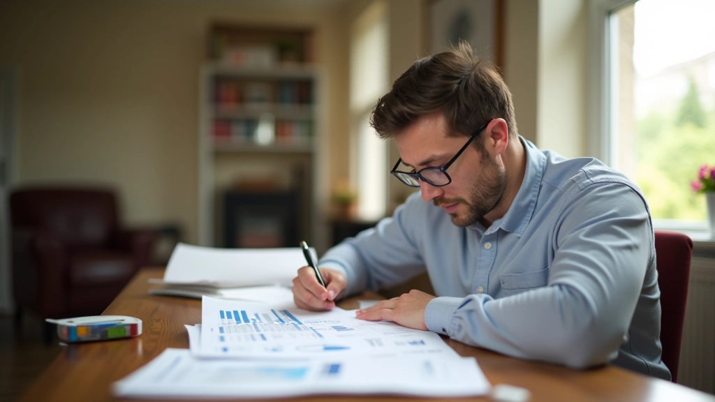 Person reviewing financial documents and budget spreadsheet at home desk