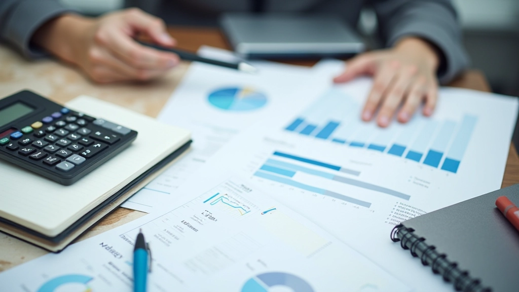 Financial analysis workspace with multiple devices and charts