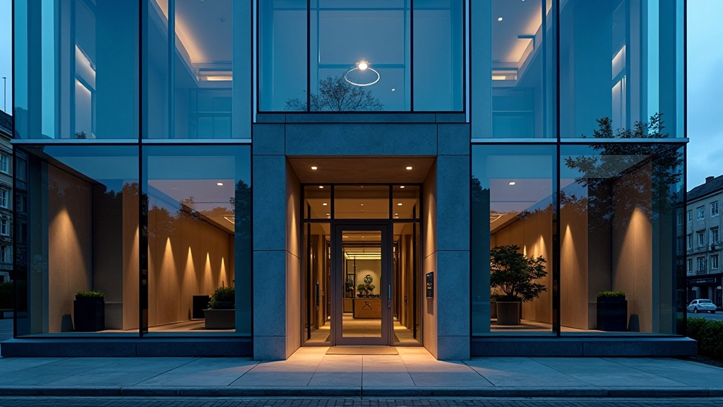 Modern glass banking building with Dublin skyline reflection