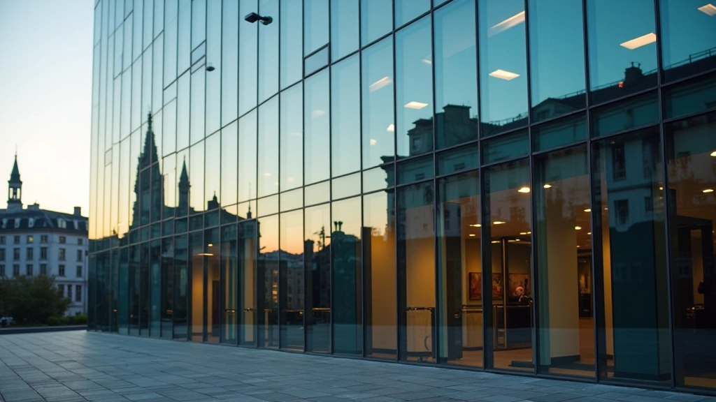 Modern office building with glass windows reflecting Dublin cityscape at sunset
