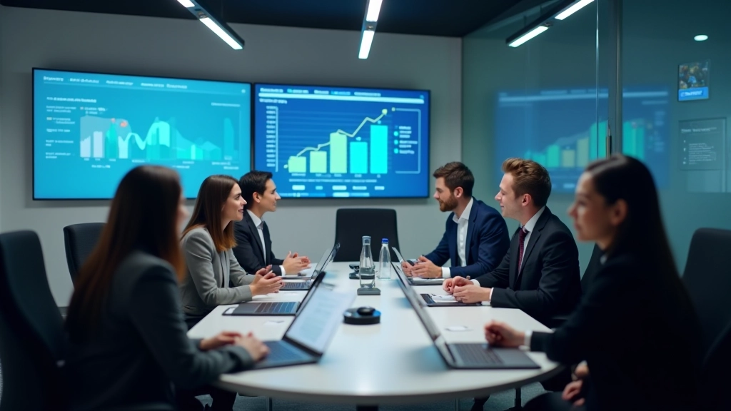 Modern office workspace with banking professionals collaborating at a conference table with digital screens displaying financial data